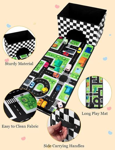 HFKPJRT Toy Car Storage Box with Play Mat, 2-in-1 Collapsible Car Organizer Garage with Racetrack, Large Toy Organizer Bin for Kids Boys Girls, Storage Container for Toys, Trucks, Vehicles in Kuwait