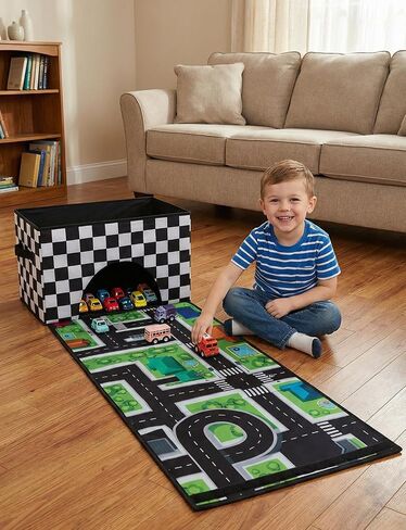 HFKPJRT Toy Car Storage Box with Play Mat, 2-in-1 Collapsible Car Organizer Garage with Racetrack, Large Toy Organizer Bin for Kids Boys Girls, Storage Container for Toys, Trucks, Vehicles in Kuwait