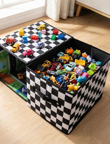 HFKPJRT Toy Car Storage Box with Play Mat, 2-in-1 Collapsible Car Organizer Garage with Racetrack, Large Toy Organizer Bin for Kids Boys Girls, Storage Container for Toys, Trucks, Vehicles in Kuwait