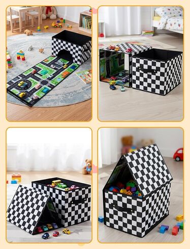 HFKPJRT Toy Car Storage Box with Play Mat, 2-in-1 Collapsible Car Organizer Garage with Racetrack, Large Toy Organizer Bin for Kids Boys Girls, Storage Container for Toys, Trucks, Vehicles in Kuwait