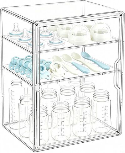 Baby Bottle Storage Organizer for Countertop, 3 Tiers Clear Acrylic Baby Bottle Station Box Container, Feeding Bottles Holder with Adjustable Dividers for Kitchen Cabinet, Bathroom, New Mom Gifts in Kuwait