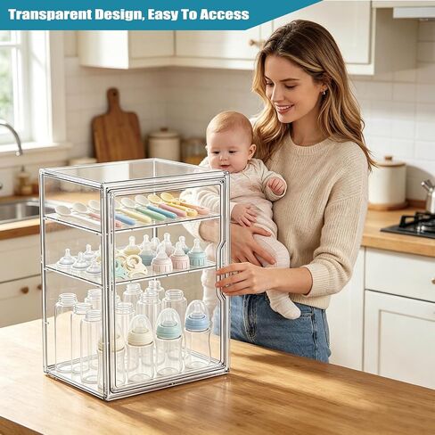 Baby Bottle Storage Organizer for Countertop, 3 Tiers Clear Acrylic Baby Bottle Station Box Container, Feeding Bottles Holder with Adjustable Dividers for Kitchen Cabinet, Bathroom, New Mom Gifts in Kuwait