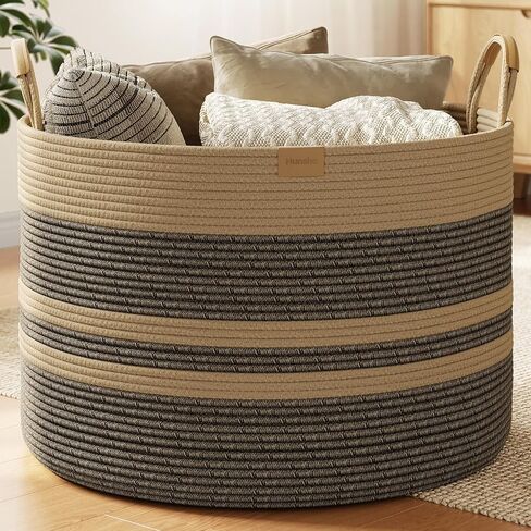 Nunsino 115L Woven Blanket Basket with Leather Handles, Cotton Rope Laundry Basket Hamper,Decorative Nursery Basket Toy Storage Basket for Kids, Living Room, Bedroom, Dark Brown Stripes in Kuwait
