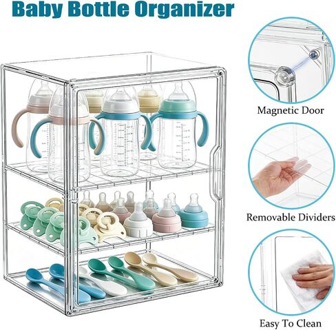 Baby Bottle Storage Organizer for Countertop, 3 Tiers Clear Acrylic Baby Bottle Station Box Container, Feeding Bottles Holder with Adjustable Dividers for Kitchen Cabinet, Bathroom, New Mom Gifts in Kuwait