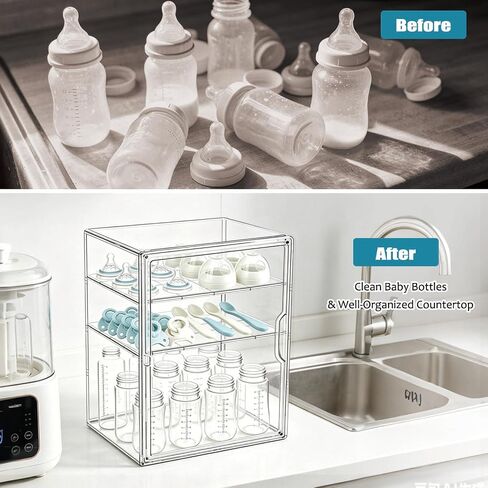 Baby Bottle Storage Organizer for Countertop, 3 Tiers Clear Acrylic Baby Bottle Station Box Container, Feeding Bottles Holder with Adjustable Dividers for Kitchen Cabinet, Bathroom, New Mom Gifts in Kuwait