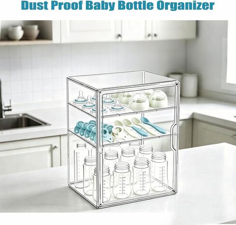 Baby Bottle Storage Organizer for Countertop, 3 Tiers Clear Acrylic Baby Bottle Station Box Container, Feeding Bottles Holder with Adjustable Dividers for Kitchen Cabinet, Bathroom, New Mom Gifts in Kuwait