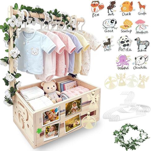 Wooden Baby Shower Crate Closet with Clothes Hanging Rod and Garland, Natural Wood Baby Basket Gift Organizer for Newborn Nursery, Easy Assembly Storage Bin with Hangers & Cute Animal Stickers in Kuwait