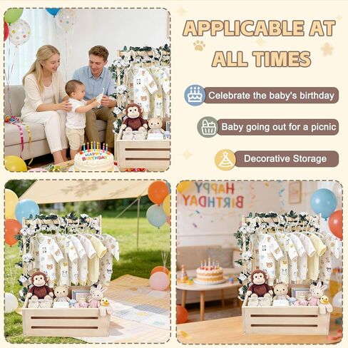 Wooden Baby Shower Crate Closet with Clothes Hanging Rod and Garland, Natural Wood Baby Basket Gift Organizer for Newborn Nursery, Easy Assembly Storage Bin with Hangers & Cute Animal Stickers in Kuwait