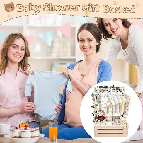Wooden Baby Shower Crate Closet with Clothes Hanging Rod and Garland, Natural Wood Baby Basket Gift Organizer for Newborn Nursery, Easy Assembly Storage Bin with Hangers & Cute Animal Stickers in Kuwait