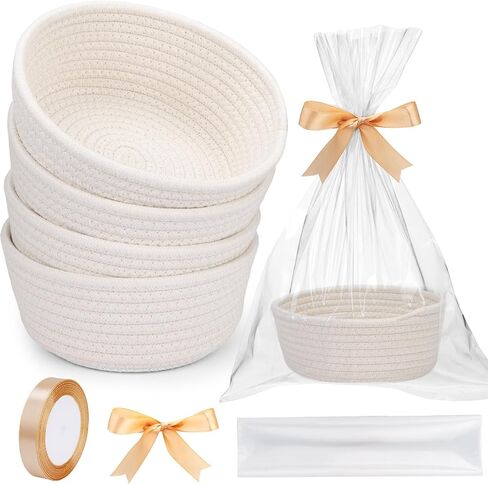 12 Pack Small Woven Storage Baskets with Gift Bag and Ribbon for Organizing Woven Natural Cotton Rope Bins Round Boho Empty Decorative Gift Chest Basket Box for Bathroom, Closet, Shelf Organizer (12) in Kuwait