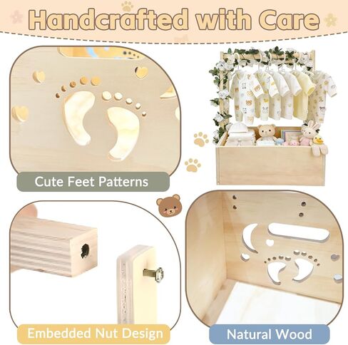 Wooden Baby Shower Crate Closet with Clothes Hanging Rod and Garland, Natural Wood Baby Basket Gift Organizer for Newborn Nursery, Easy Assembly Storage Bin with Hangers & Cute Animal Stickers in Kuwait