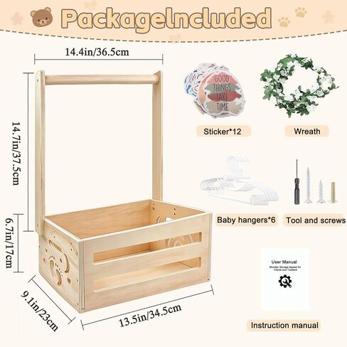 Wooden Baby Shower Crate Closet with Clothes Hanging Rod and Garland, Natural Wood Baby Basket Gift Organizer for Newborn Nursery, Easy Assembly Storage Bin with Hangers & Cute Animal Stickers in Kuwait