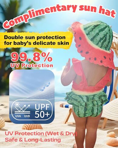 Baby Boy Girl One Piece Swimsuit with Sun Hat, UPF 50+ Baby Ruffle Bathing Suit, Watermelon Print Infant Swimwear 12-24M 2-3T in Kuwait