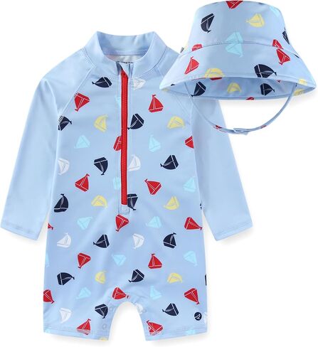 Sperry Baby Boys UPF 50+ Rash Guard One Piece Swimsuit Bathing Suit with Bucket Sun Hat 2 Piece Swimwear Set for Infant in Kuwait
