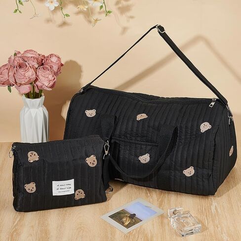 WEBEEDY 2 Styles Diaper Tote Bag with Zippered Bear Pattern Large Storage Bag and Portable Handbag Multifunction Embroidered Mommy Bags Cute Reusable Diaper Tote for Travel Hospital in Kuwait