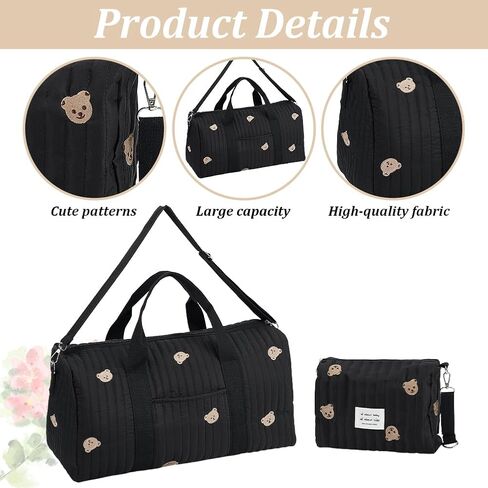 WEBEEDY 2 Styles Diaper Tote Bag with Zippered Bear Pattern Large Storage Bag and Portable Handbag Multifunction Embroidered Mommy Bags Cute Reusable Diaper Tote for Travel Hospital in Kuwait