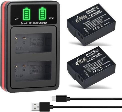 Pickle Power DMW-BLC12 DMW-BLC12PP Battery and LED Dual Slot Charger for Panasonic Lumix G7, G85, G95, FZ1000, FZ1000 II, GH2, G5, G6, GX8, FZ200, FZ300, FZ2500 Camera in Kuwait