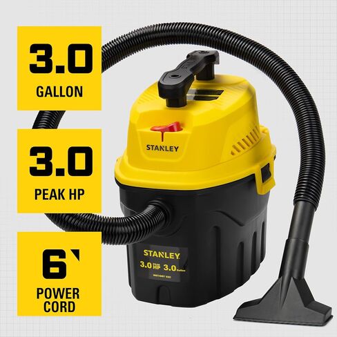 Stanley 3 Gallon Portable Shop Vacuum, 3 Peak HP Wet Dry Suction Vac,Multi-functional Crevice Nozzle with Retractable Hose Vacuum for Home, Car Detailing, Jobsite, Garage & Workshop SL18910P-3 in Kuwait