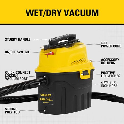 Stanley 3 Gallon Portable Shop Vacuum, 3 Peak HP Wet Dry Suction Vac,Multi-functional Crevice Nozzle with Retractable Hose Vacuum for Home, Car Detailing, Jobsite, Garage & Workshop SL18910P-3 in Kuwait