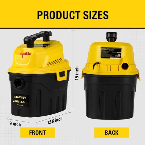 Stanley 3 Gallon Portable Shop Vacuum, 3 Peak HP Wet Dry Suction Vac,Multi-functional Crevice Nozzle with Retractable Hose Vacuum for Home, Car Detailing, Jobsite, Garage & Workshop SL18910P-3 in Kuwait