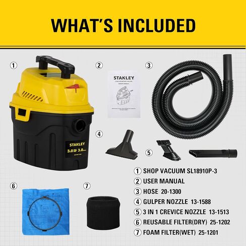 Stanley 3 Gallon Portable Shop Vacuum, 3 Peak HP Wet Dry Suction Vac,Multi-functional Crevice Nozzle with Retractable Hose Vacuum for Home, Car Detailing, Jobsite, Garage & Workshop SL18910P-3 in Kuwait