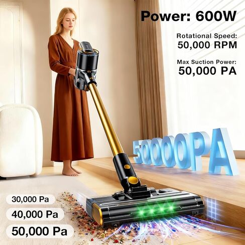 Cordless Vacuum Cleaner, 600W 50000PA Stick Vacuum Cleaners and Mop In One,4000mAh Battery with 60 Min Runtime, LED Screen and Green Headlights, Handheld Vacuum for Pet Hair Floors Carpet Sofa in Kuwait