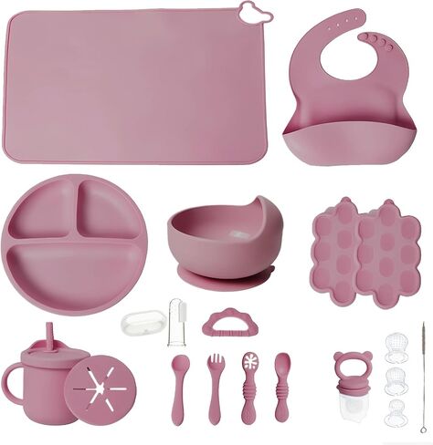 19 Pcs Silicone Baby Feeding Set Eating Essentials for Newborn | Toddler Plates and Bowls Set with Bib Sippy Cup Fruit Feeder Freezer Tray Fork & Spoon Infant Led Weaning Supplies Utensils in Kuwait