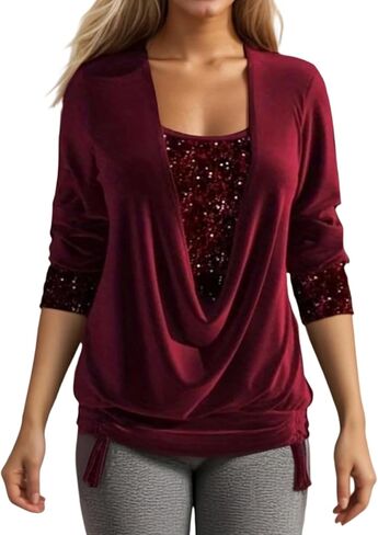 Velvet Tops for Women Trendy 3/4 Sleeve V-Neck Velvet Sequin Blouse Formal Evening Party Holiday Shirt in Kuwait