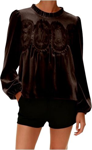 Velvet Tops for Women Long Sleeve Lace Trim Vintage Dressy Shirts Casual Round Neck Flared Swing Top in Kuwait