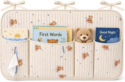 Bedside Caddy Nursery Storage Organizer, Montessori Playpen Crib Accessories with Book & Toy Pockets, Hanging Diaper Organizer for Nursery Organization, Baby Shower in Kuwait