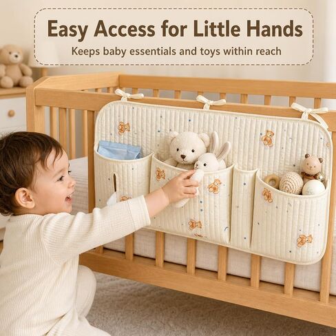Bedside Caddy Nursery Storage Organizer, Montessori Playpen Crib Accessories with Book & Toy Pockets, Hanging Diaper Organizer for Nursery Organization, Baby Shower in Kuwait
