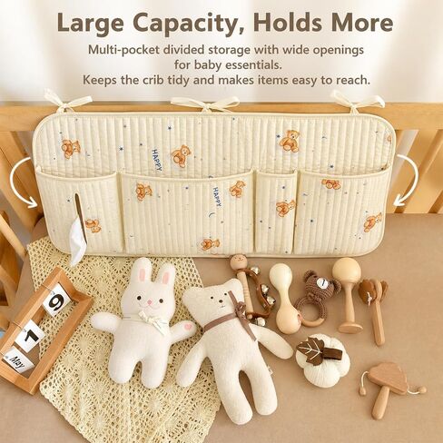 Bedside Caddy Nursery Storage Organizer, Montessori Playpen Crib Accessories with Book & Toy Pockets, Hanging Diaper Organizer for Nursery Organization, Baby Shower in Kuwait