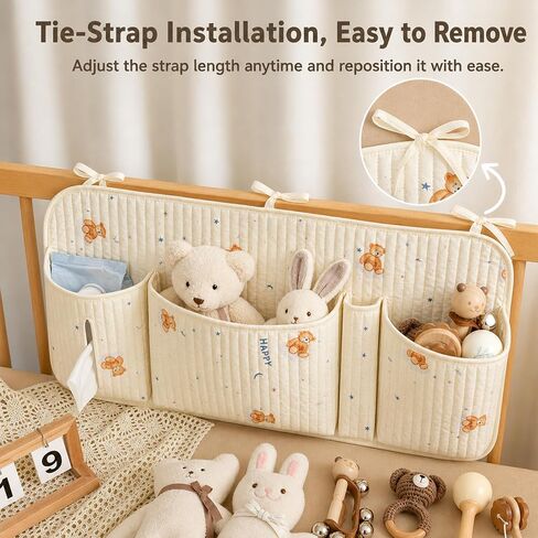 Bedside Caddy Nursery Storage Organizer, Montessori Playpen Crib Accessories with Book & Toy Pockets, Hanging Diaper Organizer for Nursery Organization, Baby Shower in Kuwait