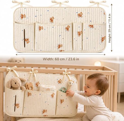 Bedside Caddy Nursery Storage Organizer, Montessori Playpen Crib Accessories with Book & Toy Pockets, Hanging Diaper Organizer for Nursery Organization, Baby Shower in Kuwait