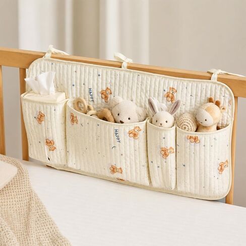 Bedside Caddy Nursery Storage Organizer, Montessori Playpen Crib Accessories with Book & Toy Pockets, Hanging Diaper Organizer for Nursery Organization, Baby Shower in Kuwait