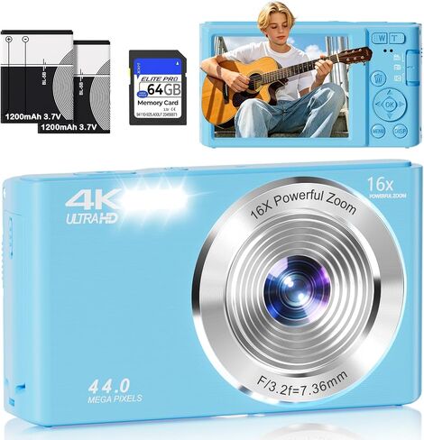Digital Camera 4K, Autofocus Compact Digital Camera for Photography with 16X Zoom, 64GB Card & 2 Batteries in Kuwait