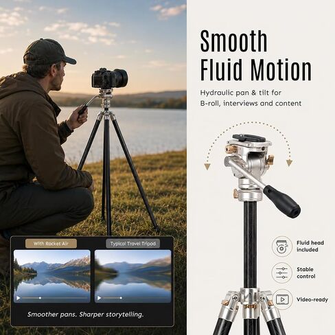 HARLOWE Rocket Air Carbon Fiber Travel Tripod with Fluid Head Kit, Lightweight Camera Tripod for Photography & Video, 22lb Load Capacity, Compact Foldable Tripod with Carrying Bag for Creators in Kuwait