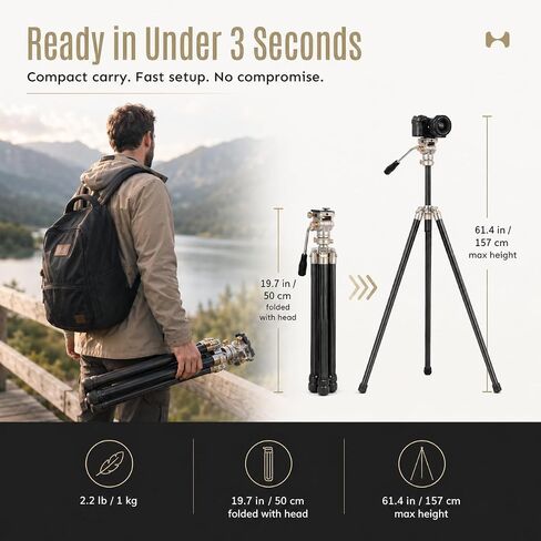 HARLOWE Rocket Air Carbon Fiber Travel Tripod with Fluid Head Kit, Lightweight Camera Tripod for Photography & Video, 22lb Load Capacity, Compact Foldable Tripod with Carrying Bag for Creators in Kuwait