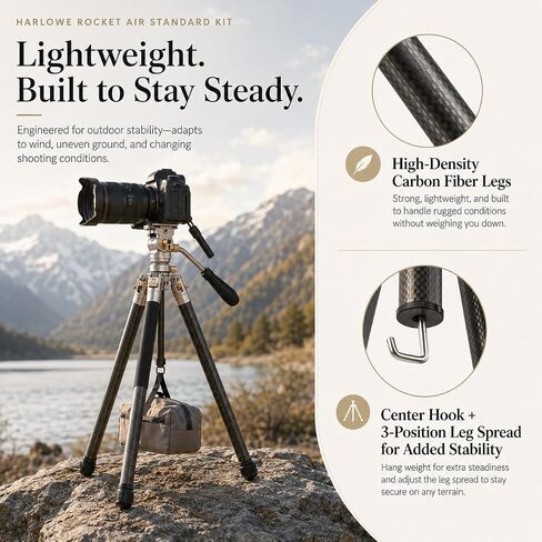 HARLOWE Rocket Air Carbon Fiber Travel Tripod with Fluid Head Kit, Lightweight Camera Tripod for Photography & Video, 22lb Load Capacity, Compact Foldable Tripod with Carrying Bag for Creators in Kuwait