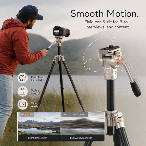 HARLOWE Rocket Air Carbon Fiber Travel Tripod with Fluid Head Kit, Lightweight Camera Tripod for Photography & Video, 22lb Load Capacity, Compact Foldable Tripod with Carrying Bag for Creators in Kuwait