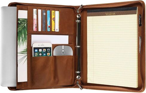 YIWEN Leather 3 Ring Binder Portfolio Zippered for 8.5 x 11 Notepad | Padfolio for 13" Tablet, Professional Business Travel Organizer (Brown, Crazy Horse Leather) in Kuwait
