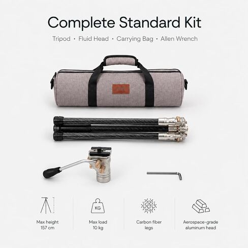 HARLOWE Rocket Air Carbon Fiber Travel Tripod with Fluid Head Kit, Lightweight Camera Tripod for Photography & Video, 22lb Load Capacity, Compact Foldable Tripod with Carrying Bag for Creators in Kuwait
