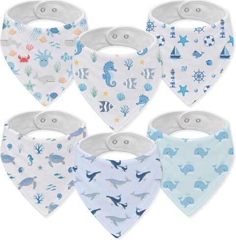6-Pack Baby Drool Bibs for Baby Boys Girls, Ocean Theme Cotton Baby Bibs for Drooling Teething Feeding, Soft Absorbent Bandana Bibs with Adjustable Snaps for Newborn Infants in Kuwait
