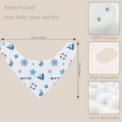 6-Pack Baby Drool Bibs for Baby Boys Girls, Ocean Theme Cotton Baby Bibs for Drooling Teething Feeding, Soft Absorbent Bandana Bibs with Adjustable Snaps for Newborn Infants in Kuwait