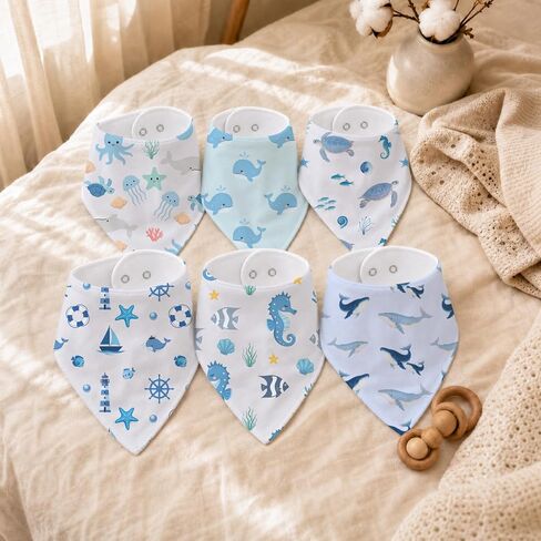 6-Pack Baby Drool Bibs for Baby Boys Girls, Ocean Theme Cotton Baby Bibs for Drooling Teething Feeding, Soft Absorbent Bandana Bibs with Adjustable Snaps for Newborn Infants in Kuwait