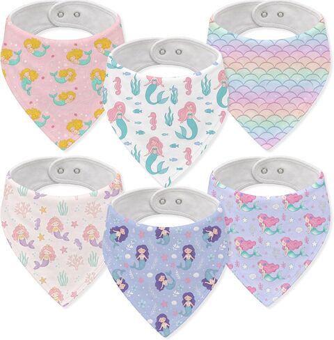 6-Pack Baby Drool Bibs for Baby Girls, Mermaid Cotton Baby Bibs for Drooling Teething Feeding, Soft Absorbent Bandana Bibs with Adjustable Snaps for Newborn Infants in Kuwait