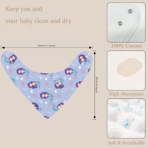 6-Pack Baby Drool Bibs for Baby Girls, Mermaid Cotton Baby Bibs for Drooling Teething Feeding, Soft Absorbent Bandana Bibs with Adjustable Snaps for Newborn Infants in Kuwait