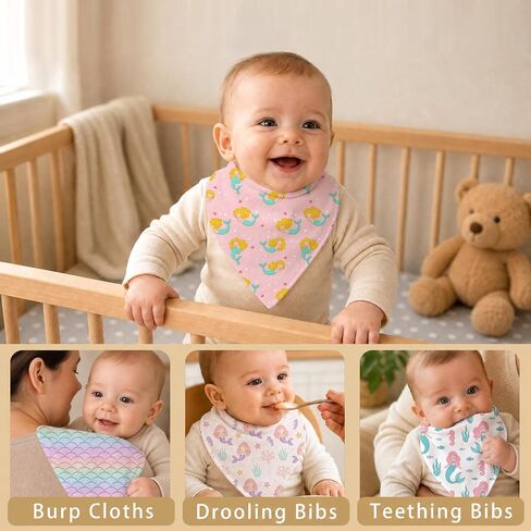 6-Pack Baby Drool Bibs for Baby Girls, Mermaid Cotton Baby Bibs for Drooling Teething Feeding, Soft Absorbent Bandana Bibs with Adjustable Snaps for Newborn Infants in Kuwait