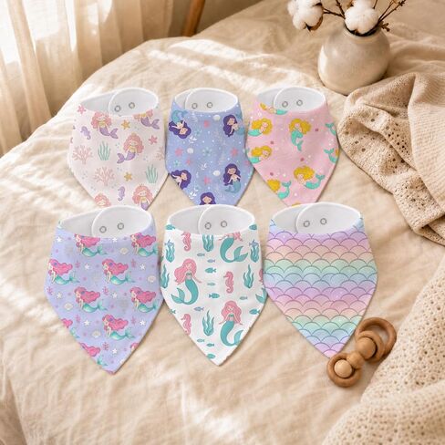 6-Pack Baby Drool Bibs for Baby Girls, Mermaid Cotton Baby Bibs for Drooling Teething Feeding, Soft Absorbent Bandana Bibs with Adjustable Snaps for Newborn Infants in Kuwait