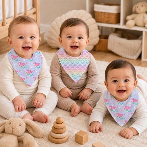 6-Pack Baby Drool Bibs for Baby Girls, Mermaid Cotton Baby Bibs for Drooling Teething Feeding, Soft Absorbent Bandana Bibs with Adjustable Snaps for Newborn Infants in Kuwait